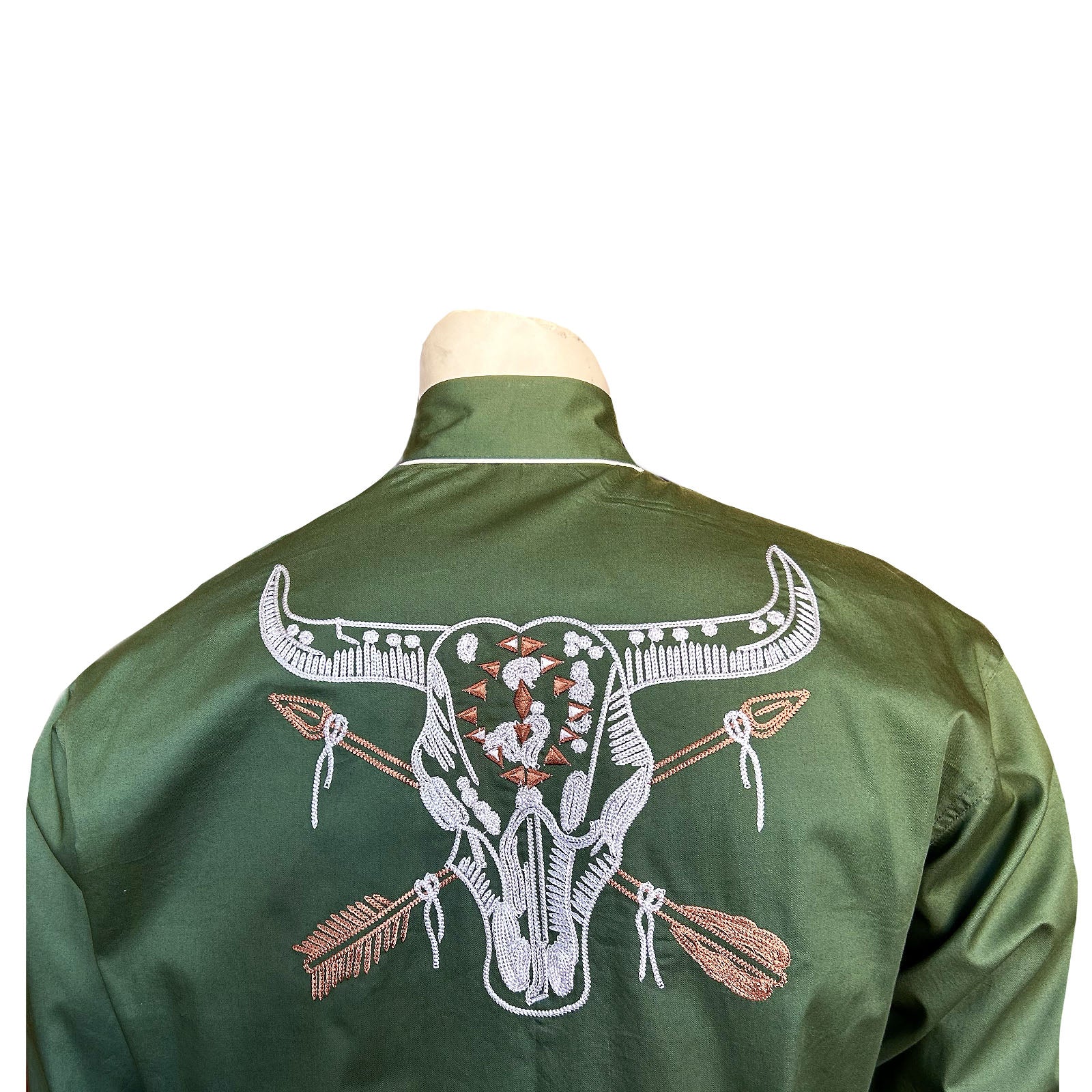 Men’s Vintage Green Steer Skull & Arrow Chain Stitch Embroidery Western Shirt