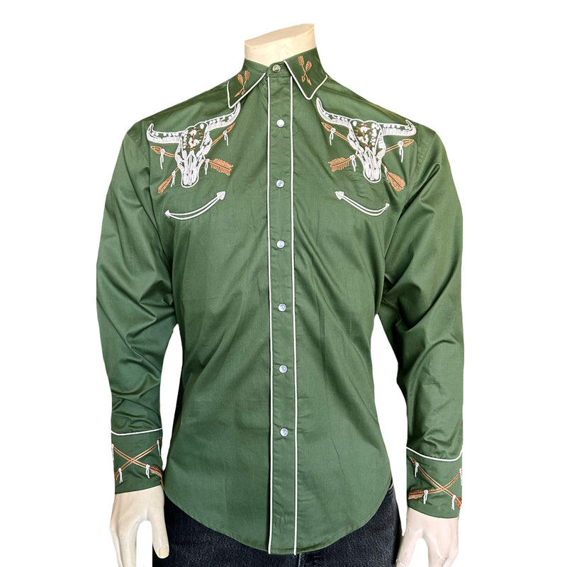 Men’s Vintage Green Steer Skull & Arrow Chain Stitch Embroidery Western Shirt