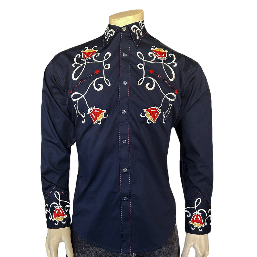 Rockmount Men's Art Deco Tulip Embroidery Navy Western Shirt