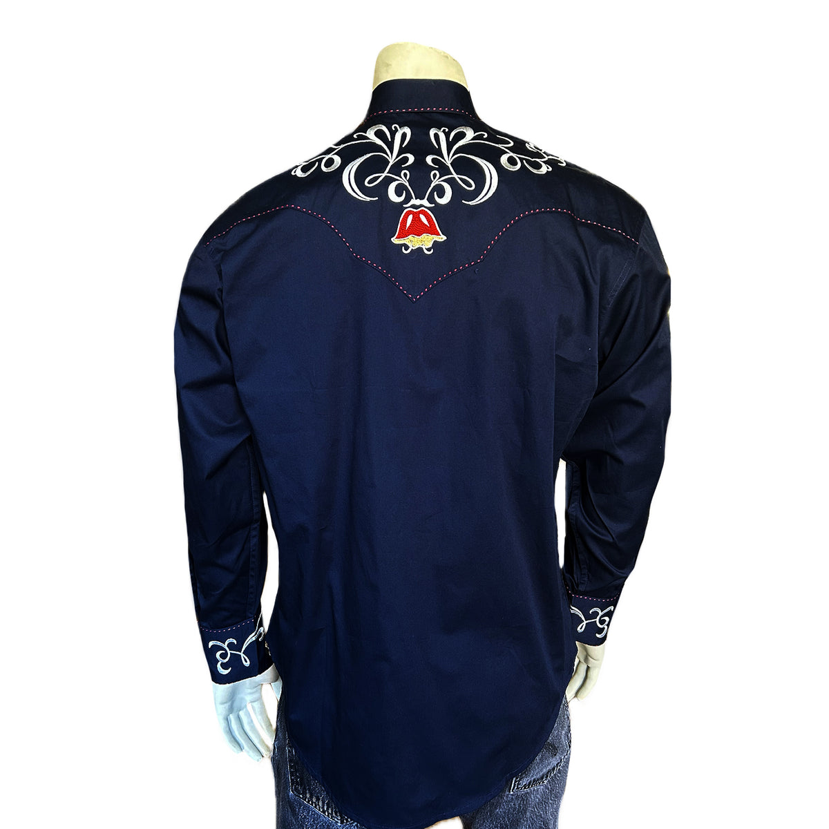 Men's Art Deco Floral Embroidery Navy Western Shirt