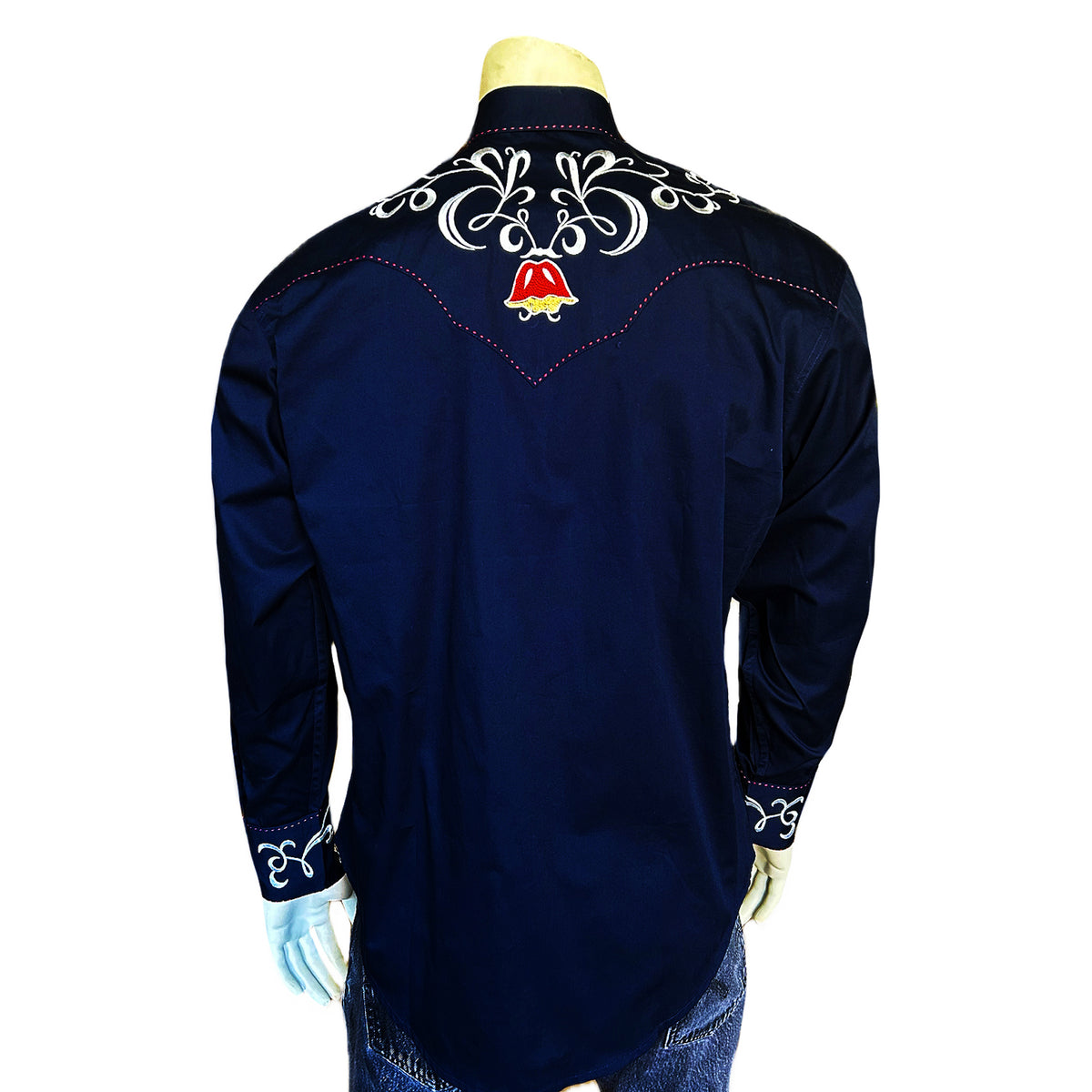 Men's Vintage Navy Art Deco Floral Embroidered Western Shirt