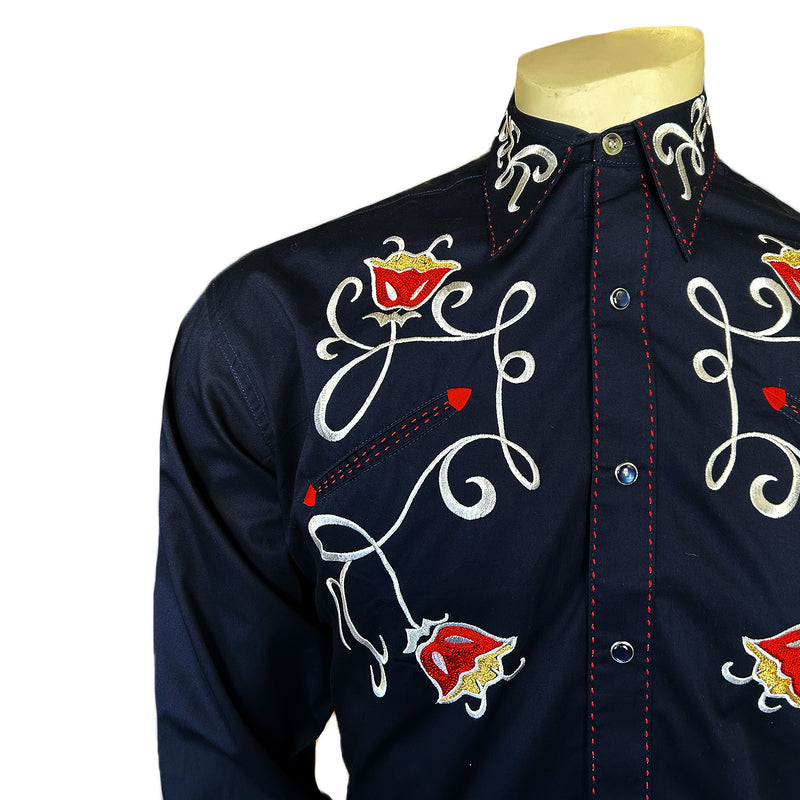 Men's Art Deco Floral Embroidery Navy Western Shirt