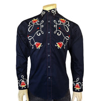 Men's Art Deco Floral Embroidery Navy Western Shirt