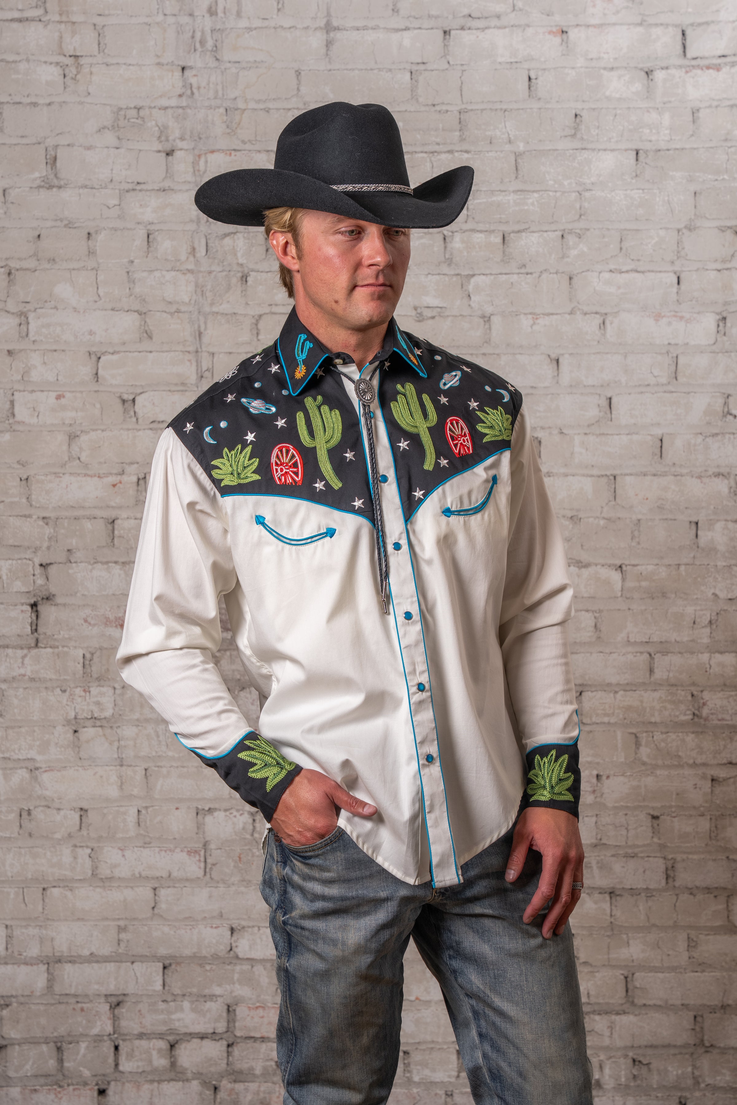 cactus dress shirt Men's Vintage Black Cactus & Stars Chain Stitch Embroidered Western Shirt