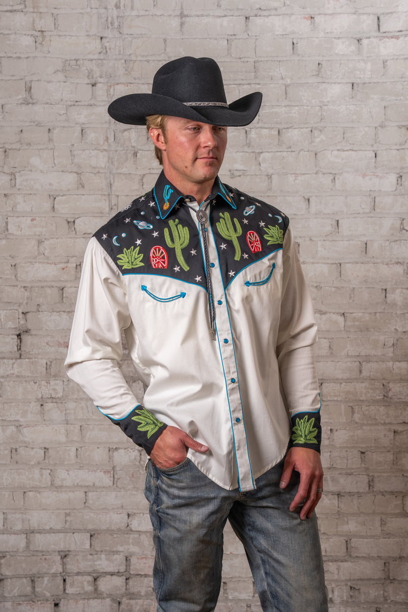 cactus man dress shirts No Problemo Tacos Avocado and Cactus Long Sleeve Casual Button-Up Food Shirt Pyknic