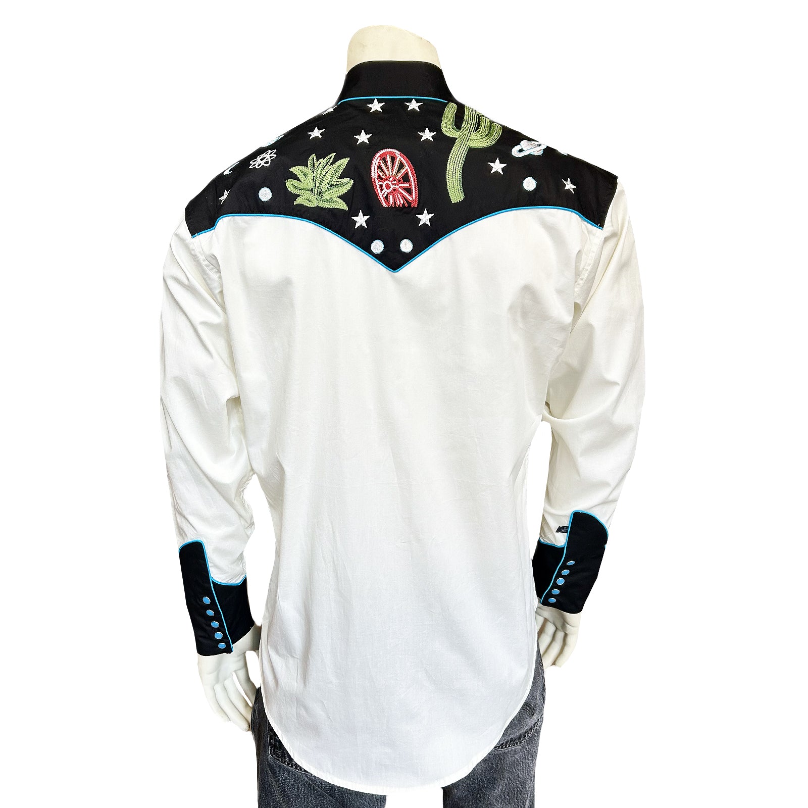 Men's Black Vintage Cactus & Stars Chain Stitch Embroidery Western Shirt