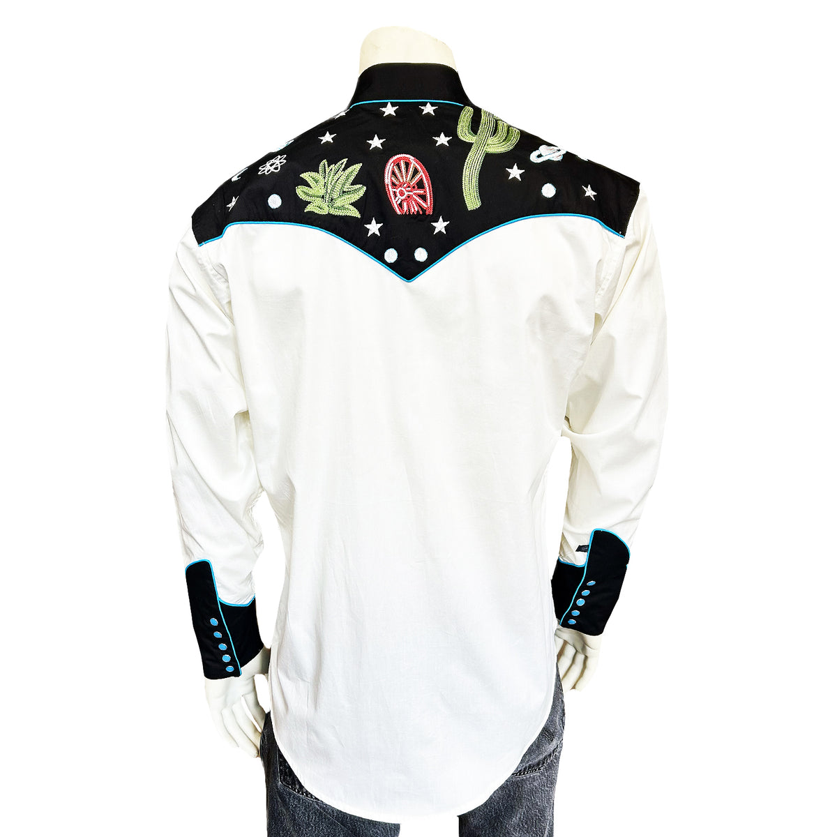 Men's Vintage Black Cactus & Stars Chain Stitch Embroidered Western Shirt