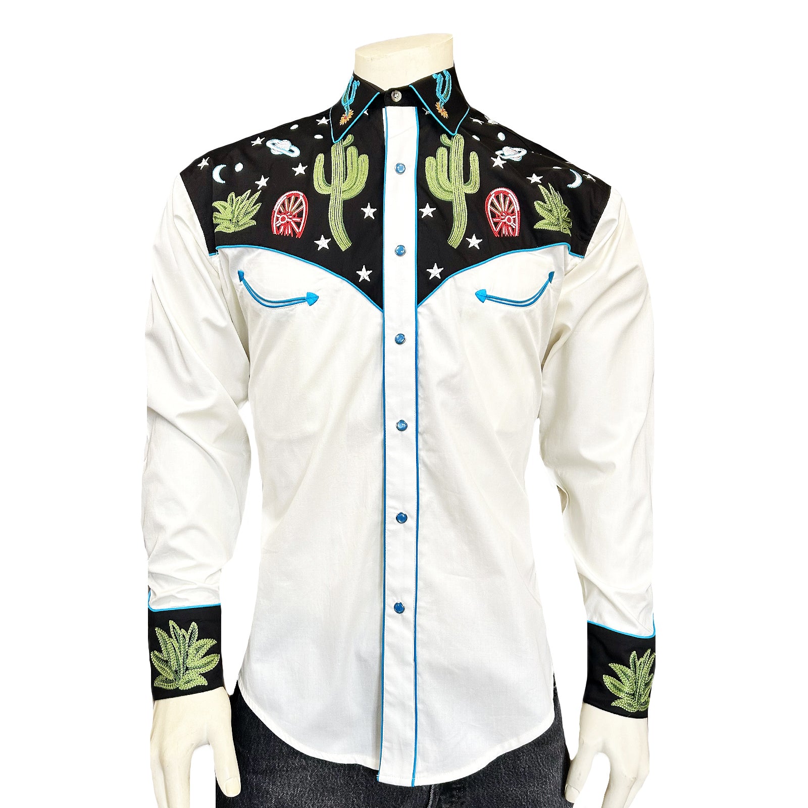 Men's Vintage Black Cactus & Stars Chain Stitch Embroidered Western Shirt