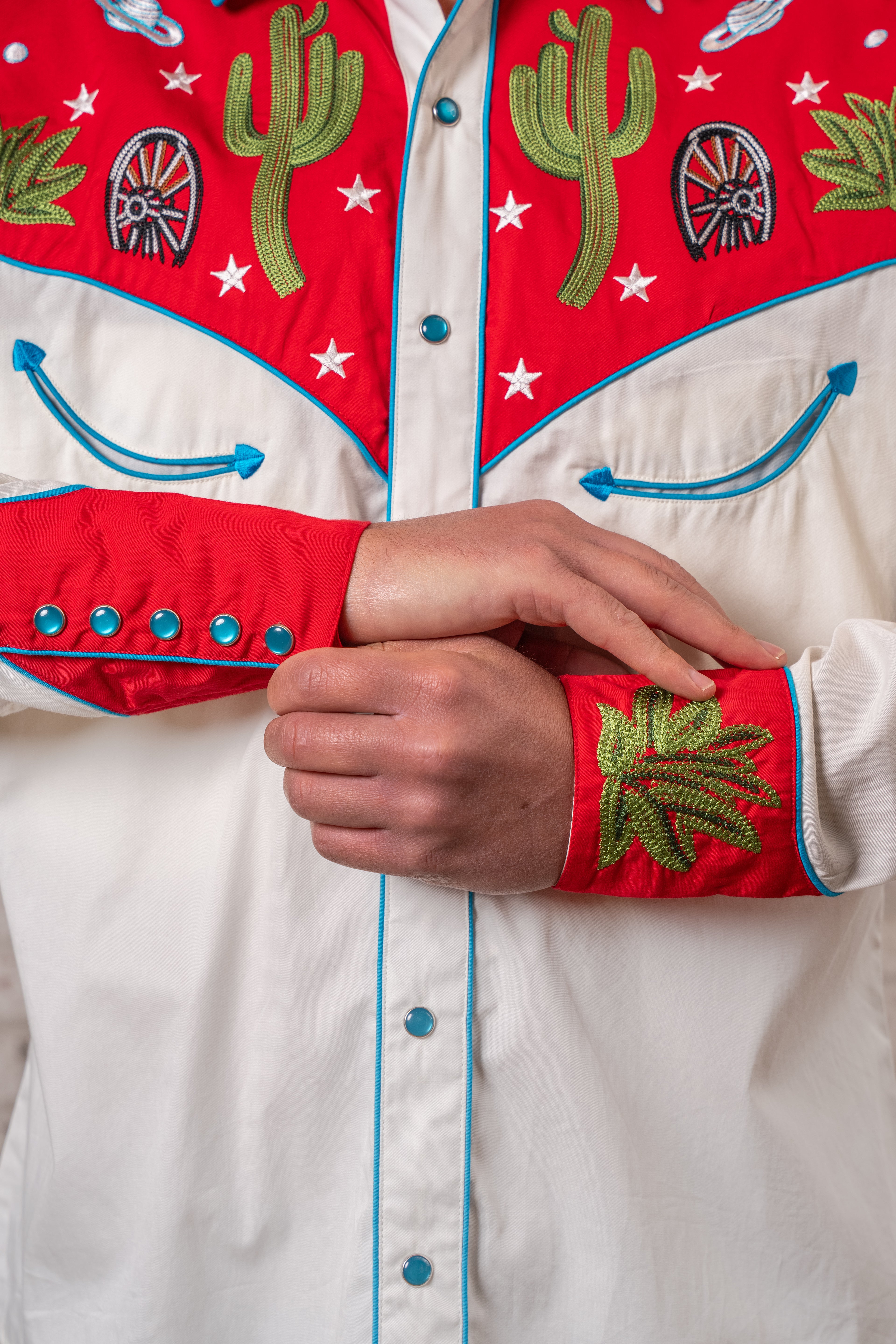 Rockmount Men's Red Vintage Cactus & Stars Chain Stitch Embroidery