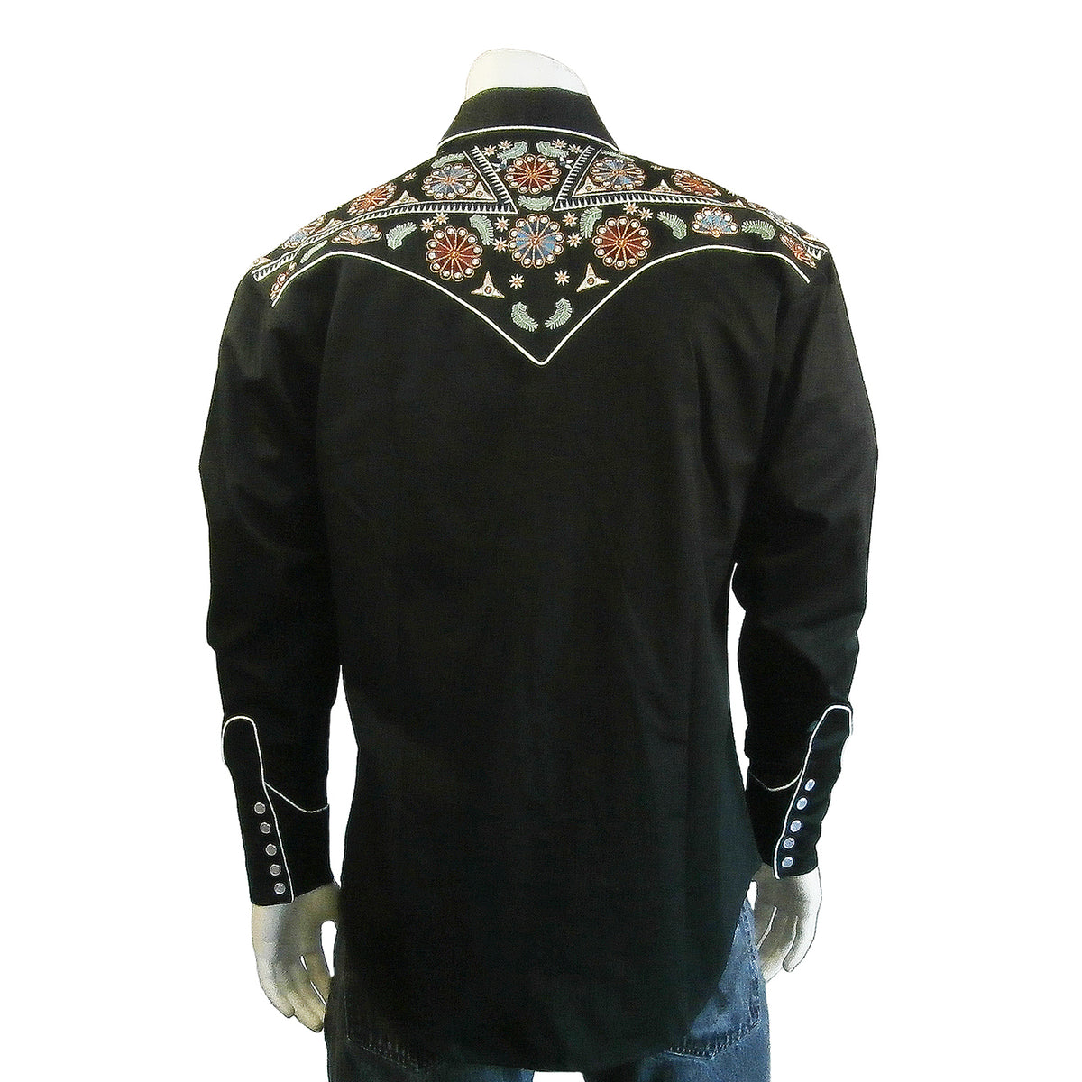 Men's Vintage Black Floral & Stars Embroidery Western Shirt