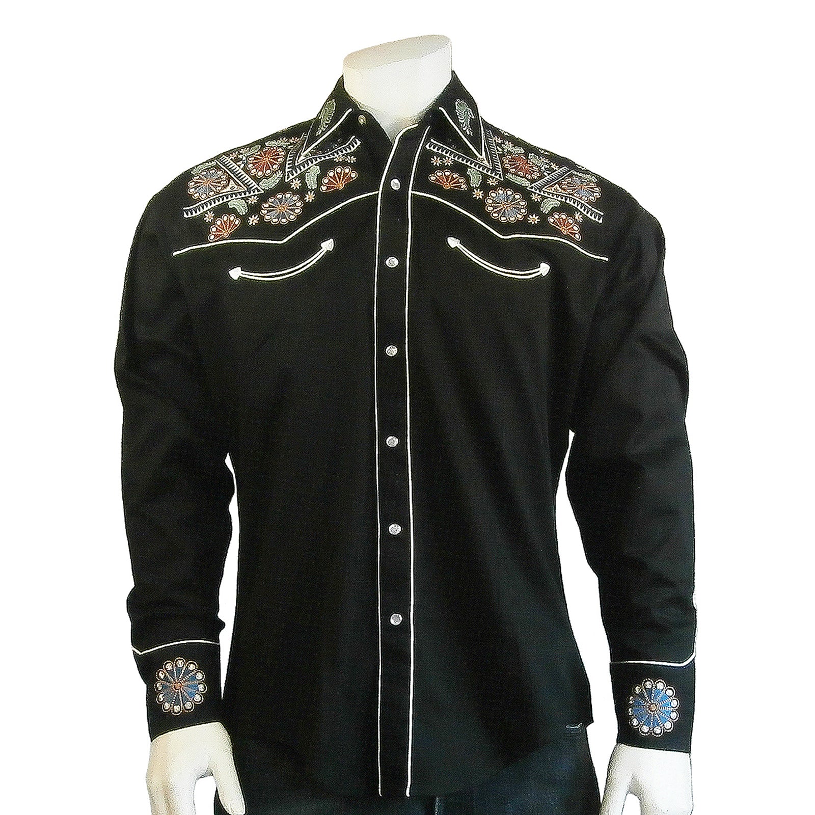 Rockmount Men's Vintage Black Floral & Stars Embroidery Western Shirt
