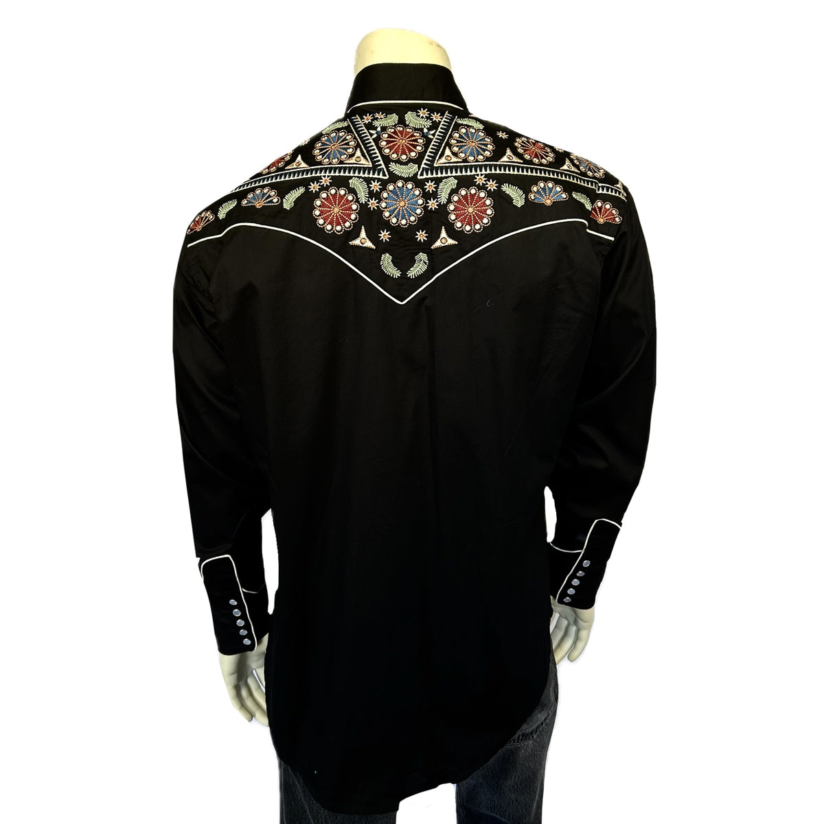 Men's Vintage Black Floral & Stars Embroidery Western Shirt