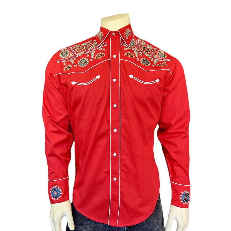 Men's Vintage Red Floral & Stars Embroidery Western Shirt