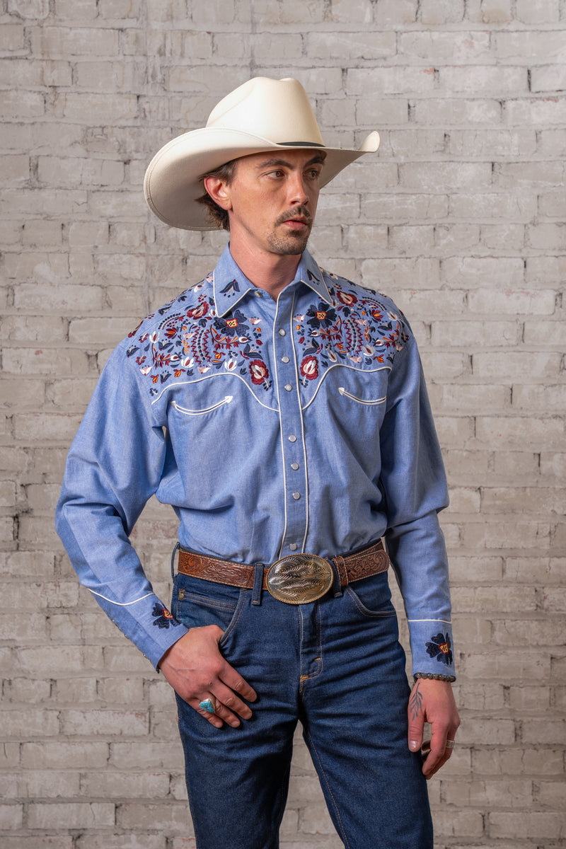 floral dress shirt men Men's Vintage Blue Embroidered Western Catalina Cotton Dress Seaglass Color:Red/Navy This gorgeous floral shirt June_2026