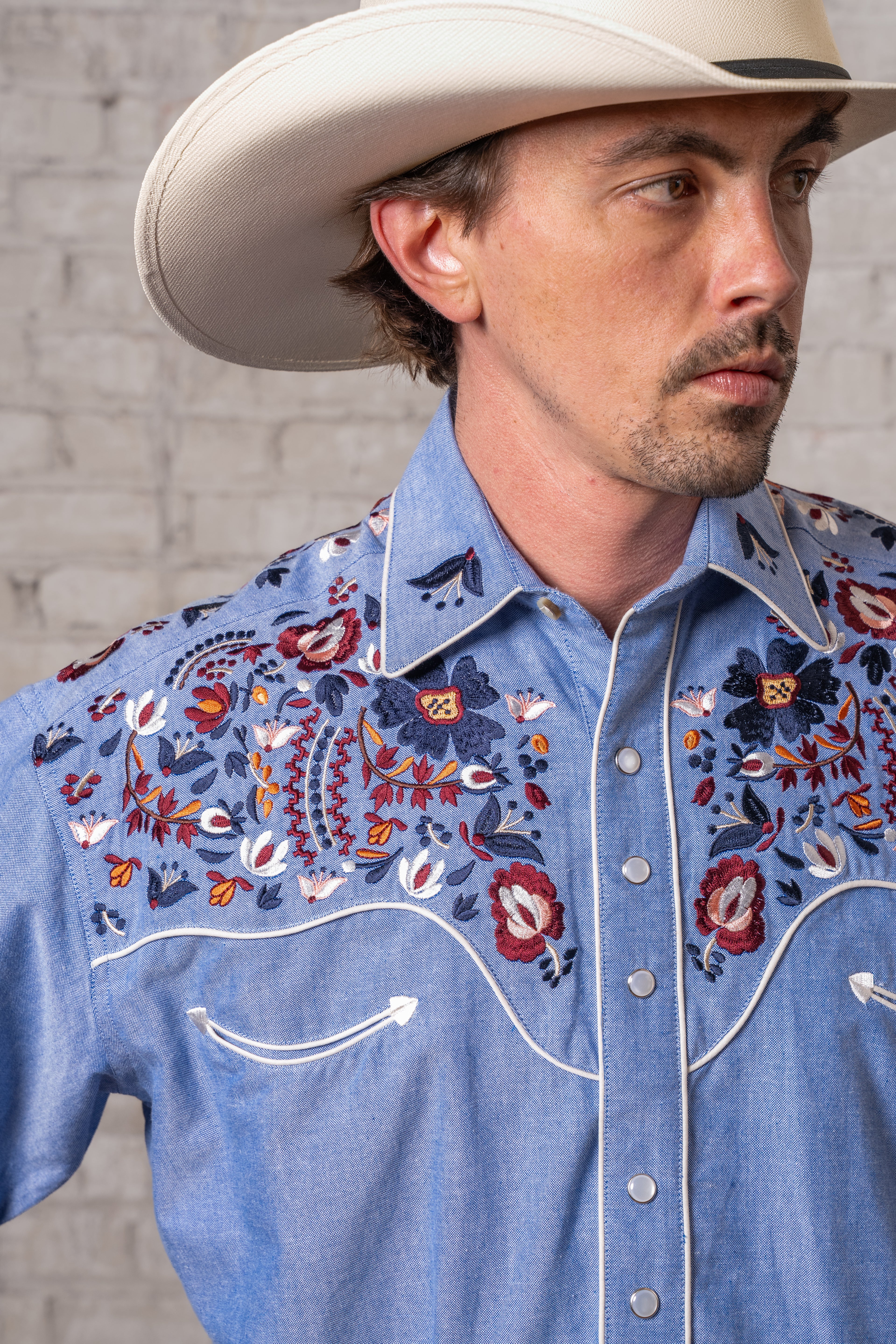 Rockmount Men's Vintage Blue Floral Embroidery Western Shirt