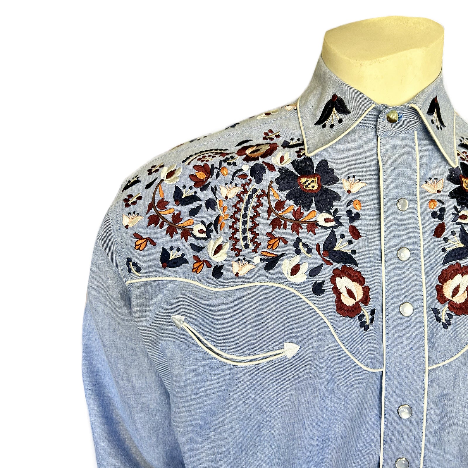 Men's Vintage Blue Floral Embroidery Western Shirt