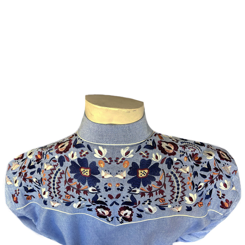 Men's Vintage Blue Floral Embroidered Western Shirt