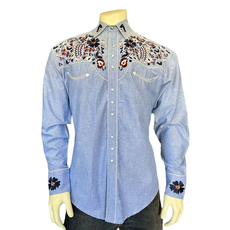 Men's Vintage Blue Floral Embroidered Western Shirt - S Men's Vintage Blue Floral Embroidered Western Shirt - S