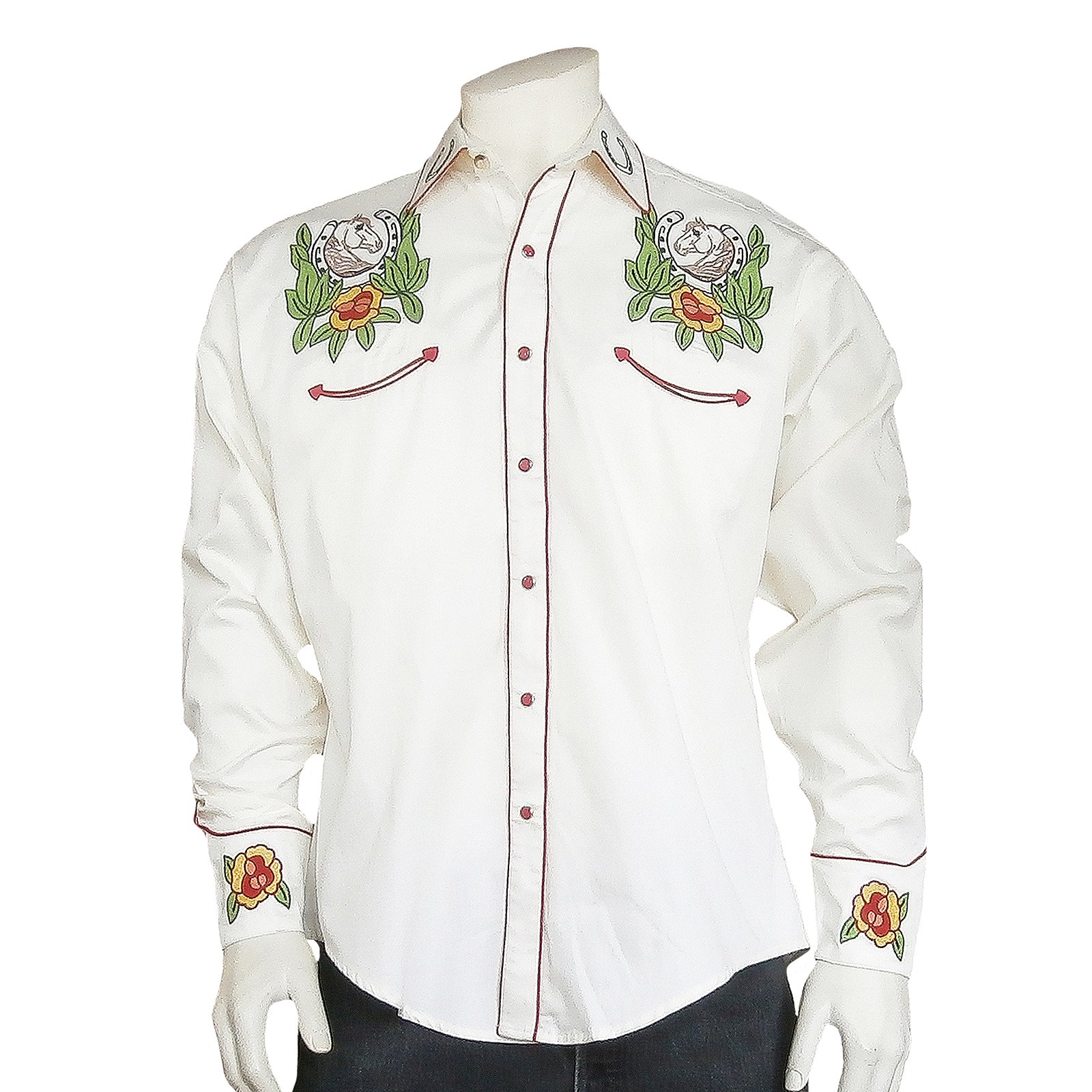 Men's Vintage Horsehead & Floral Embroidered Western Shirt in Ivory