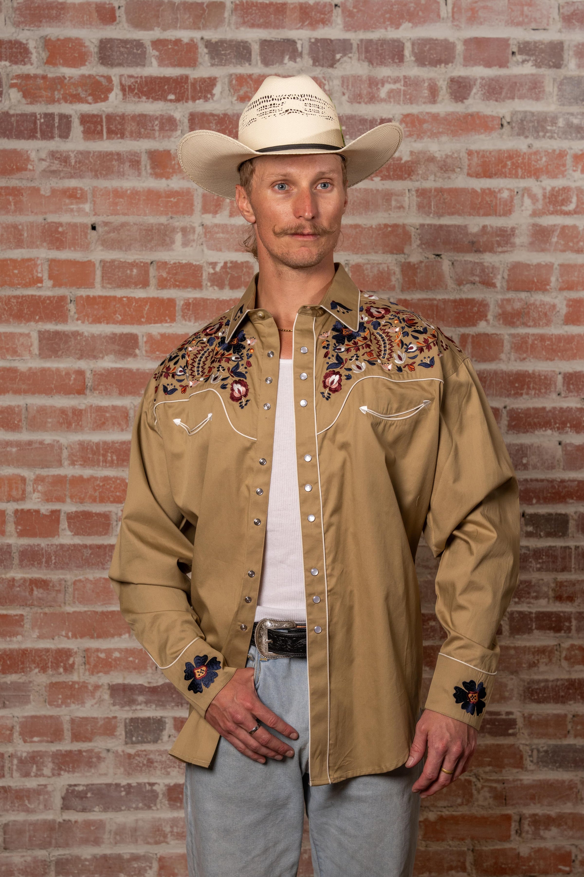 Men's Vintage Khaki Floral Embroidered Western Shirt by Rockmount Ranch Wear with fringe and snap buttons