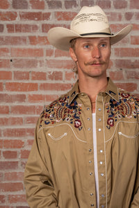 Men's Vintage Khaki Floral Embroidered Western Shirt by Rockmount Ranch Wear with embroidered western shirt details