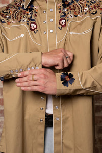Men's Vintage Khaki Floral Embroidered Western Shirt by Rockmount Ranch Wear with fringe and snap buttons