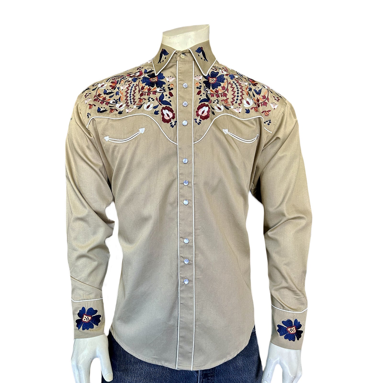 Men's Vintage Khaki Floral Embroidery Western Shirt