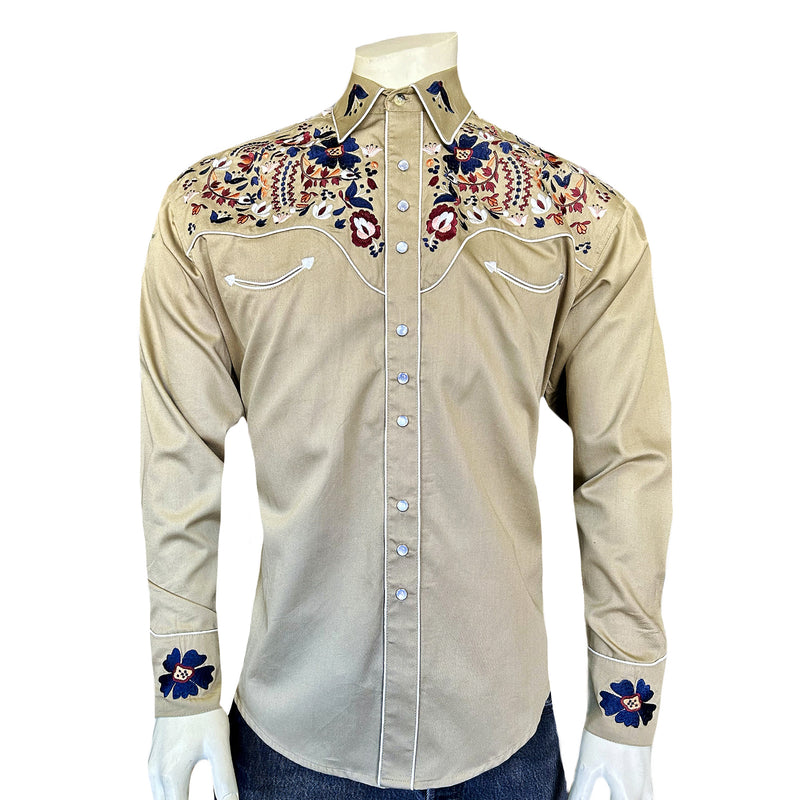 Men's Vintage Khaki Floral Embroidered Western Shirt