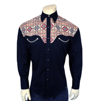 Men's Vintage 2-Tone Black & Native Pattern Embroidered Western Shirt