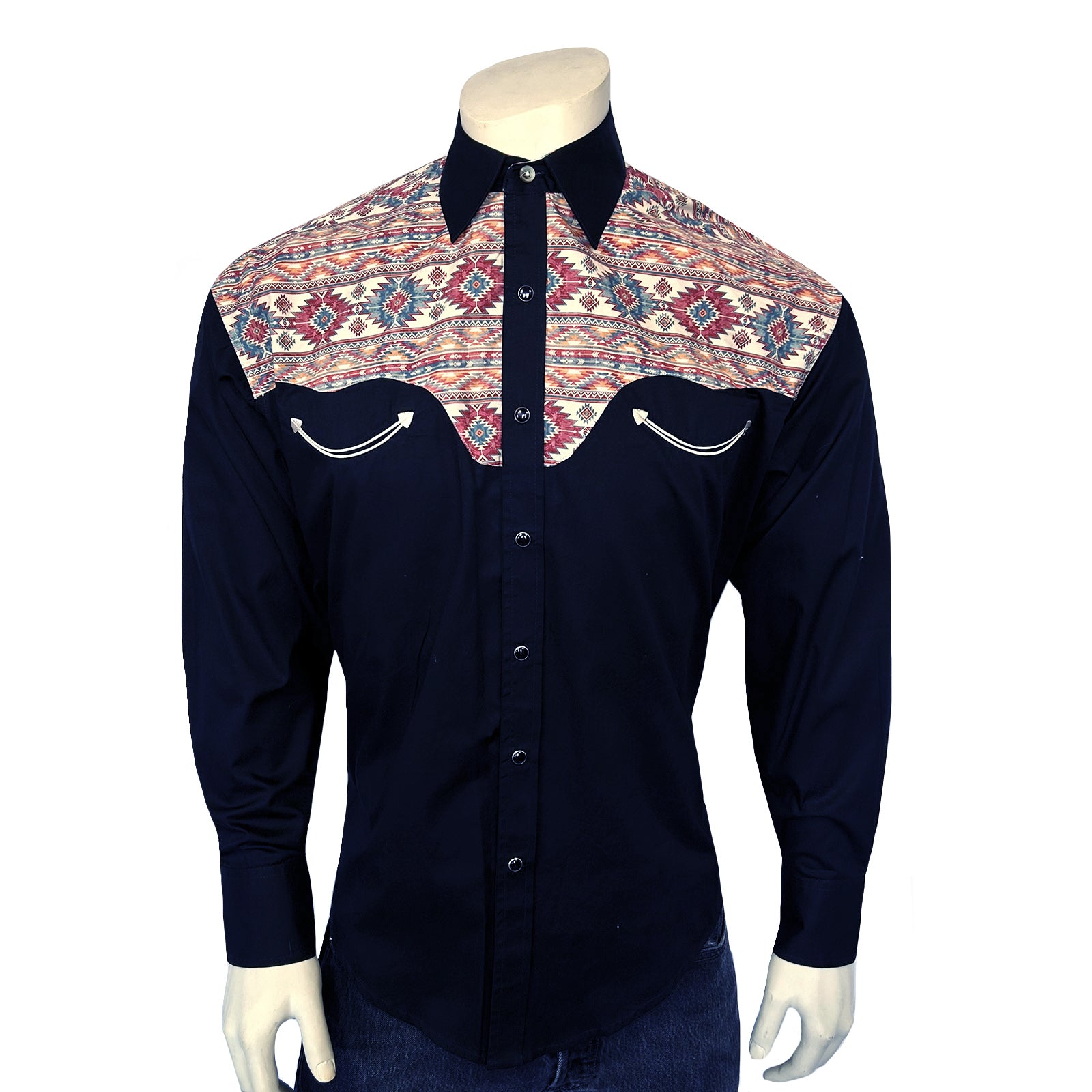 Men's Vintage 2-Tone Black & Native Pattern Embroidered Western Shirt