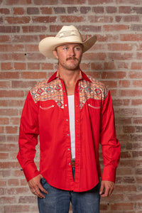 Men's Vintage 2-Tone Red & Native Pattern Embroidered Western Shirt