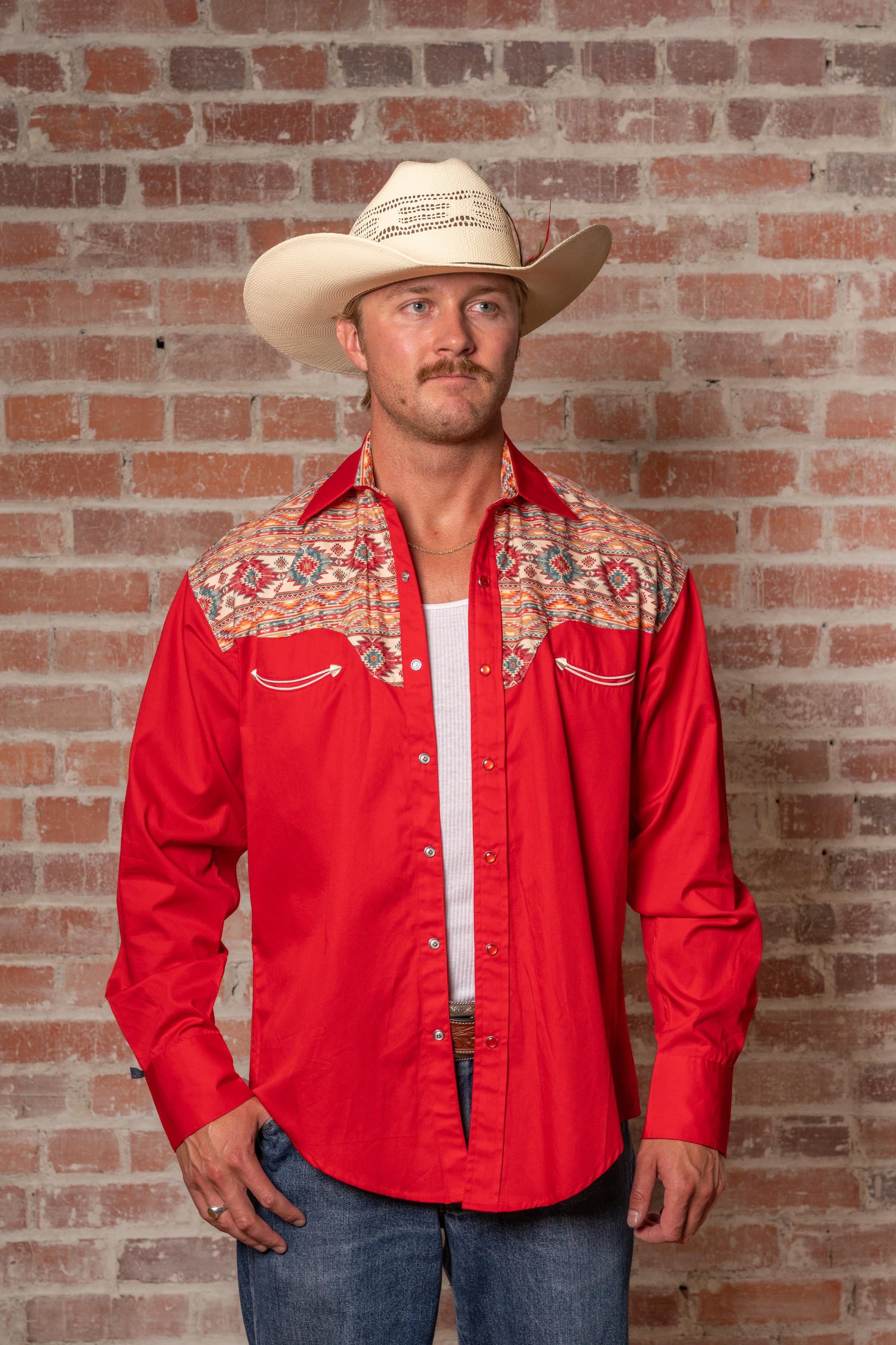 Men's Vintage 2-Tone Red & Native Pattern Embroidered Western Shirt