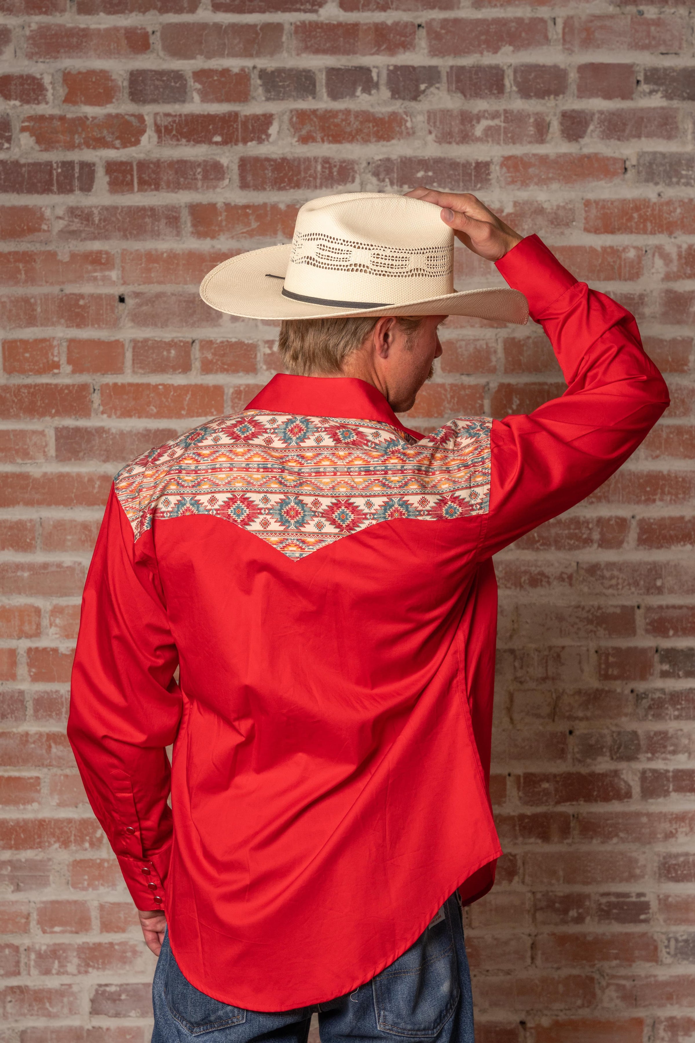 Men's Vintage 2-Tone Red & Native Pattern Embroidered Western Shirt