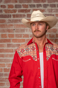 Men's Vintage 2-Tone Red & Native Pattern Embroidered Western Shirt