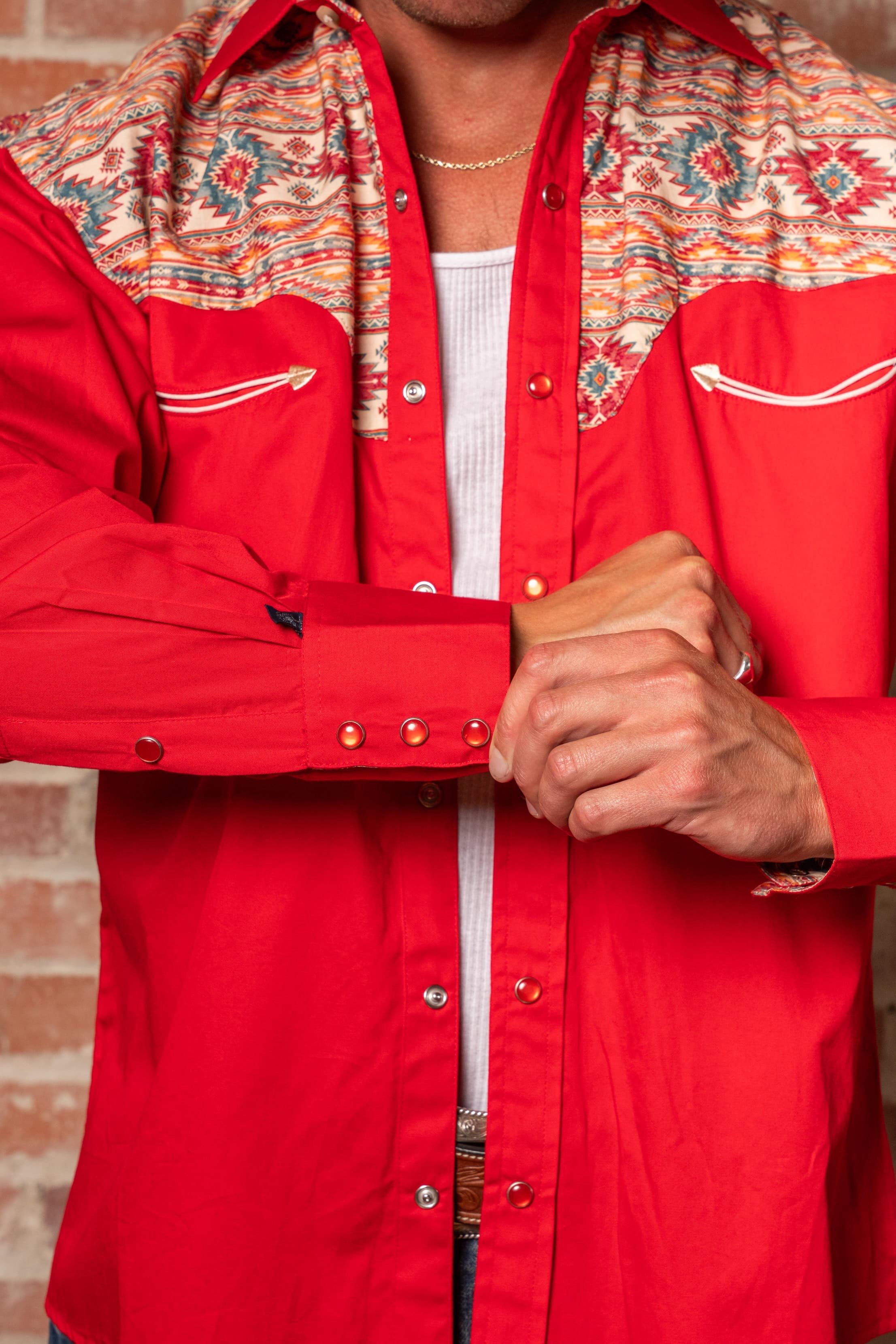 Men's Vintage 2-Tone Red & Native Pattern Embroidered Western Shirt