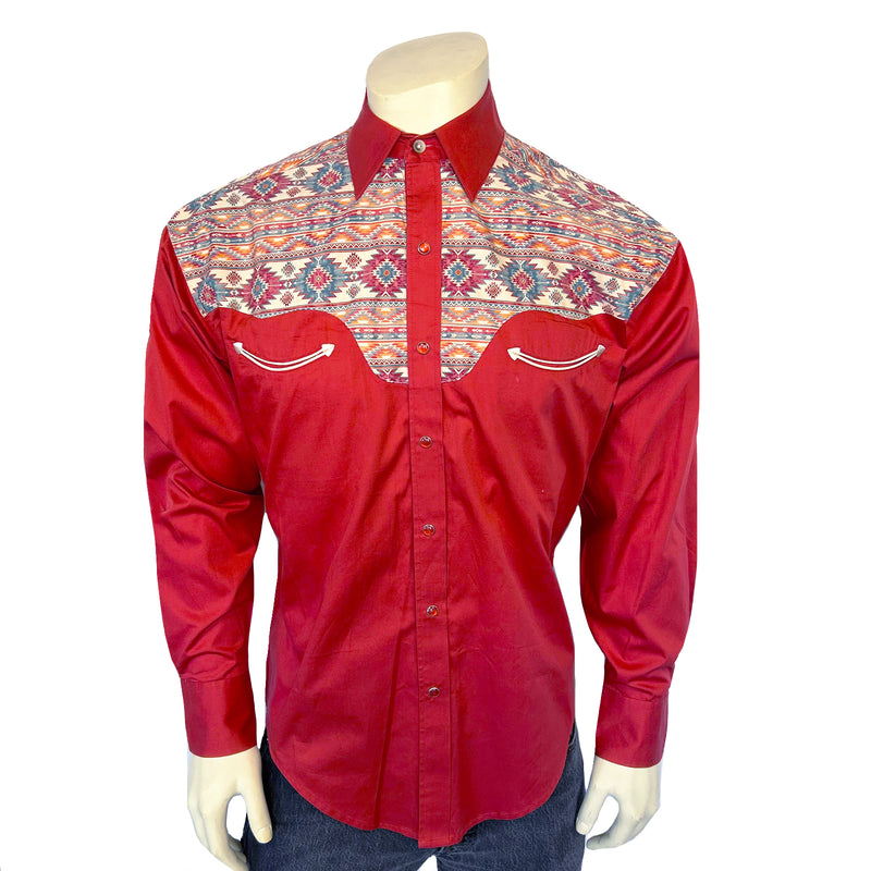 Men's Vintage 2-Tone Red & Native Pattern Embroidered Western Shirt