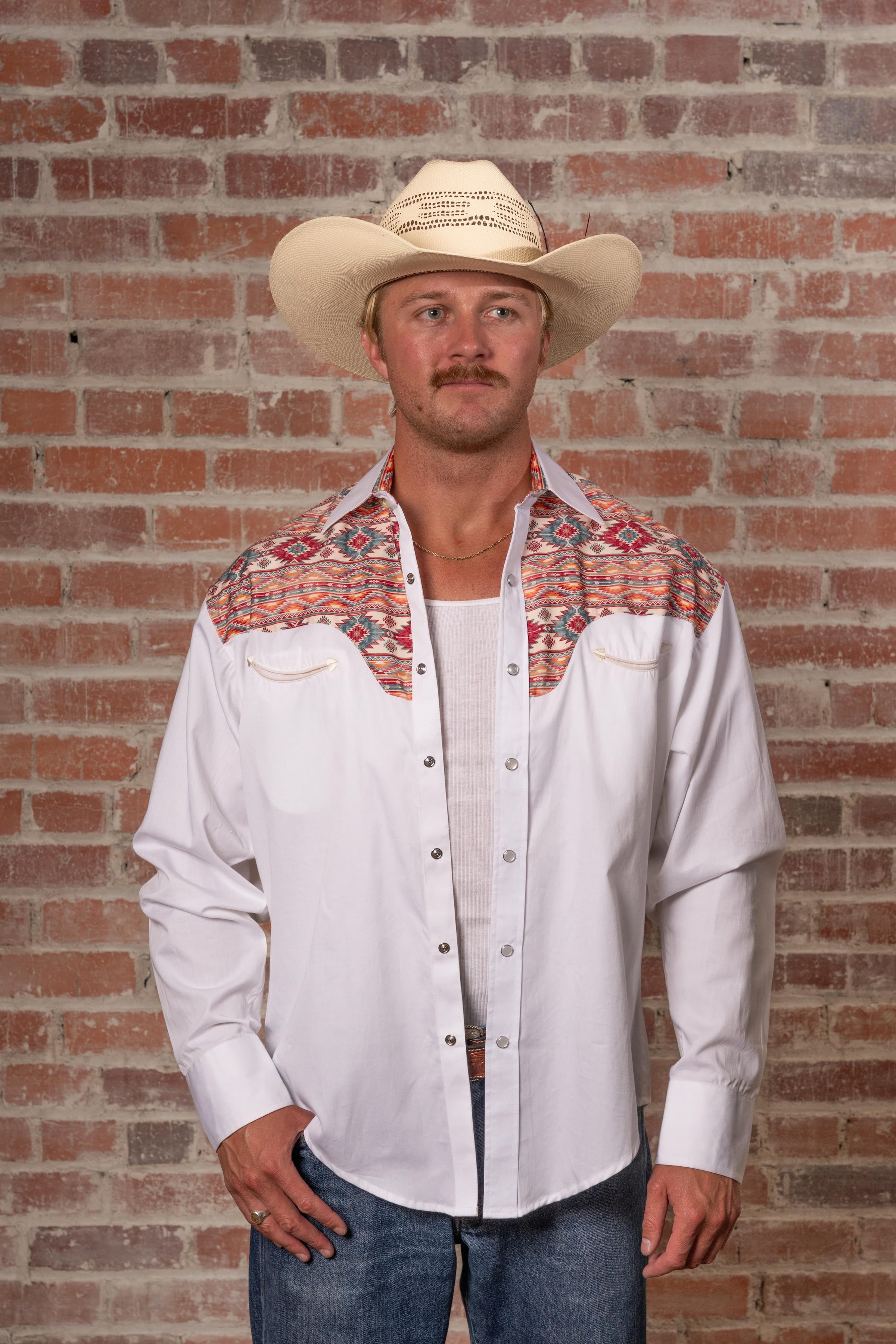 Men's Vintage 2-Tone White Native Pattern Embroidered Western Shirt by Rockmount Ranch Wear, embroidered arrowhead smile pockets