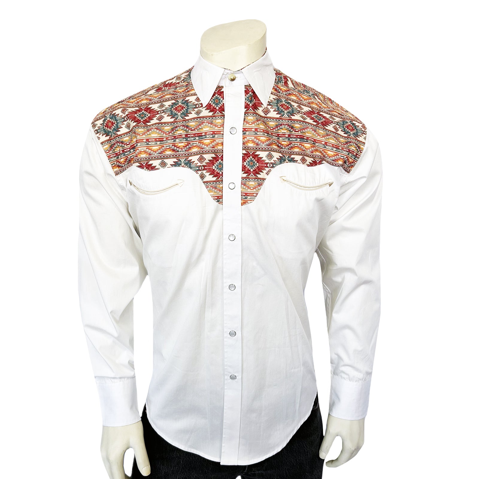 Men's Vintage 2-Tone White & Native Pattern Embroidered Western Shirt