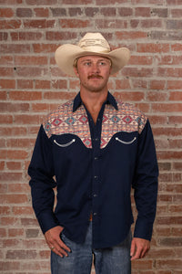 Men's Vintage 2-Tone Black & Native Pattern Embroidered Western Shirt