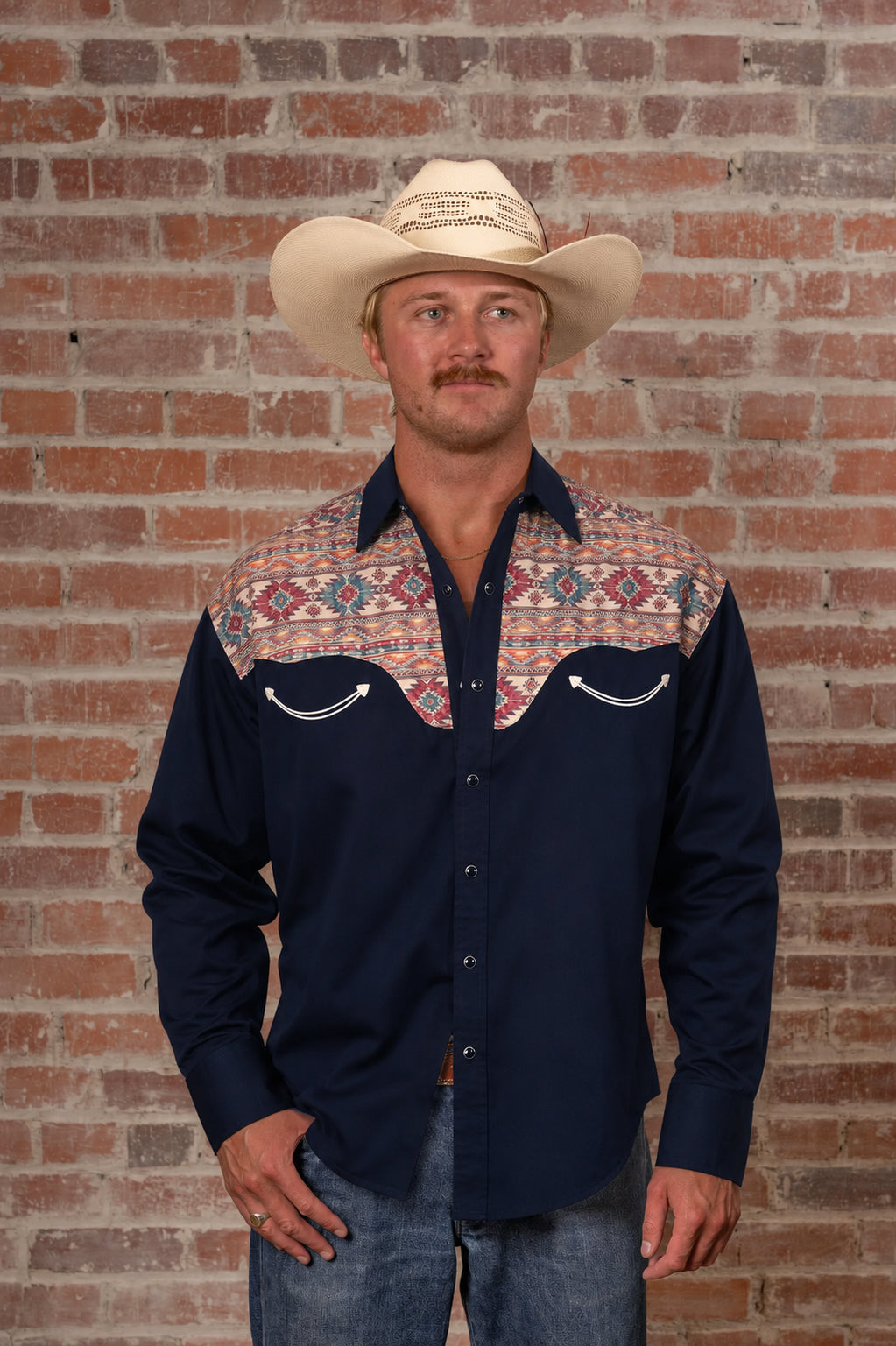 Men's Vintage 2-Tone Black & Native Pattern Embroidered Western Shirt