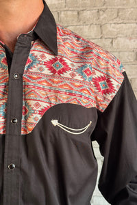 Men's Vintage 2-Tone Black & Native Pattern Embroidered Western Shirt
