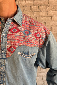 Men's Vintage 2-Tone Denim & Native Pattern Embroidery Western Shirt