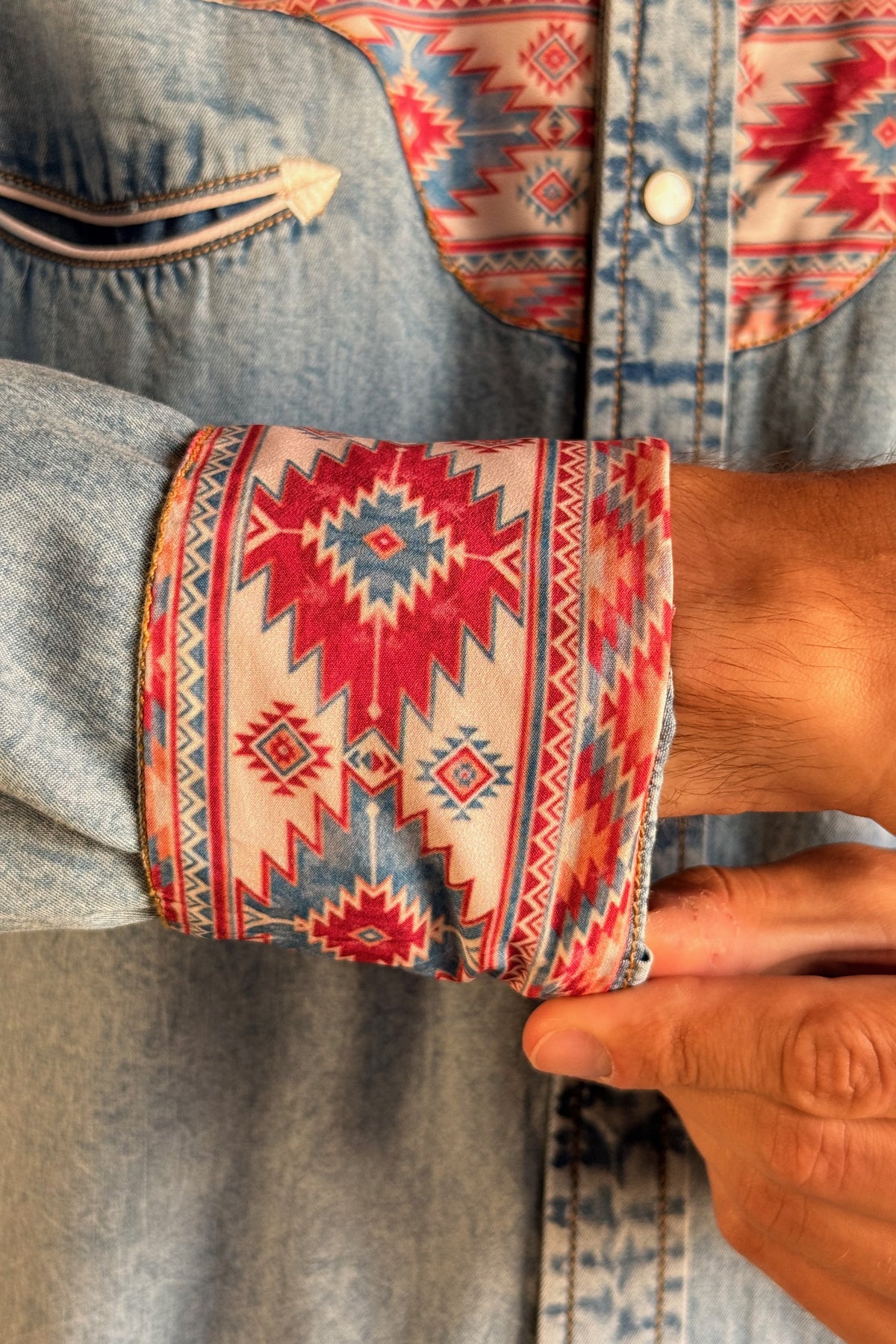 Men's Vintage 2-Tone Denim & Native Pattern Embroidery Western Shirt