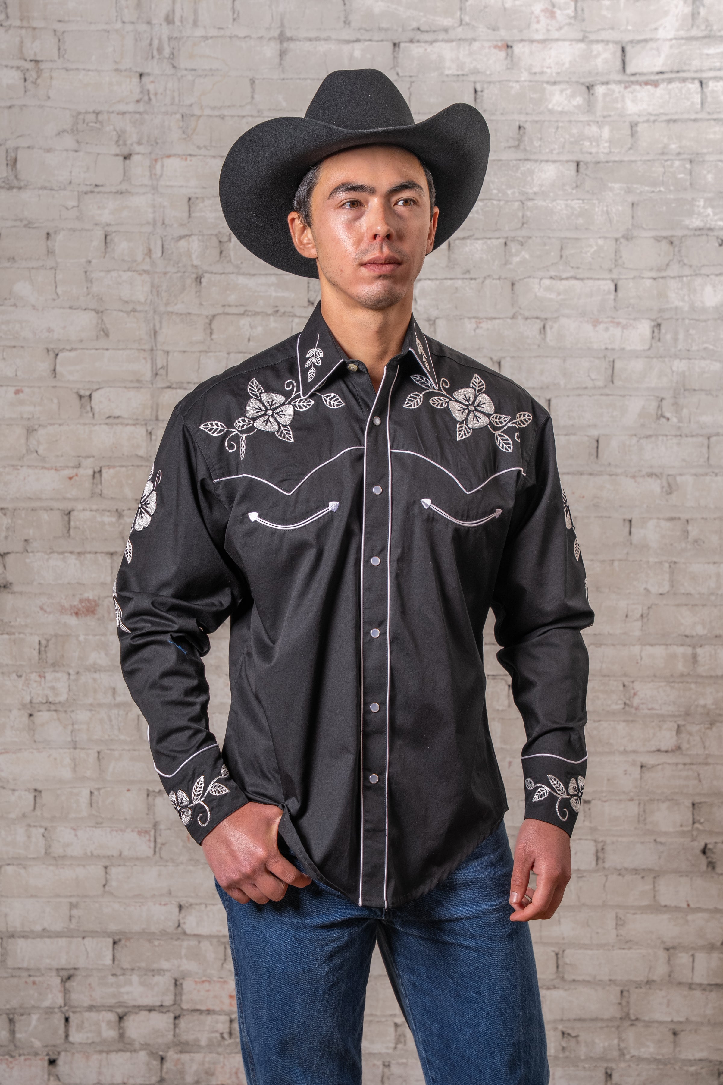 mens black patterned dress shirt Hi-Tie Black Floral Top Rose Gold Floral Silk Men's Long Sleeve Shirt, L