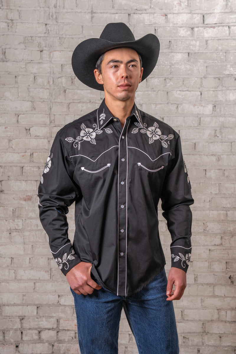 black floral dress shirt Applique Embroidered Mens Once in a while a design sings Mens Vintage Black Floral Embroidered