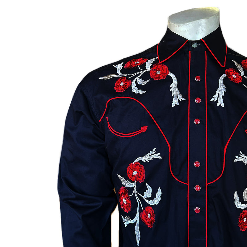 Men's Vintage Black Cascading Floral Embroidered Western Shirt