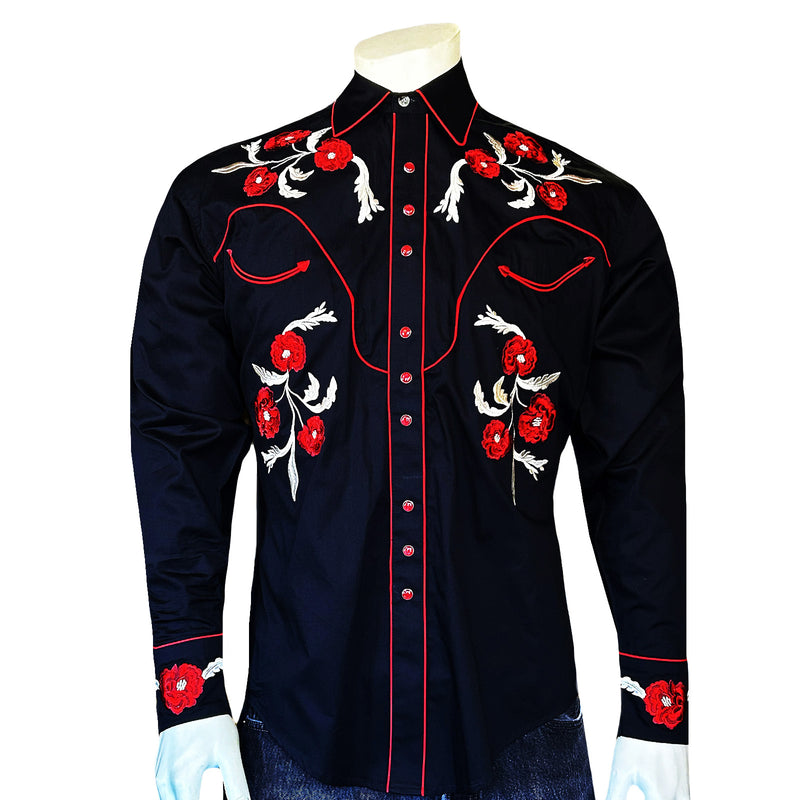 black dress shirt with red roses open lace back dress Premium Black Shirt with Red Rose Phantom Threads India