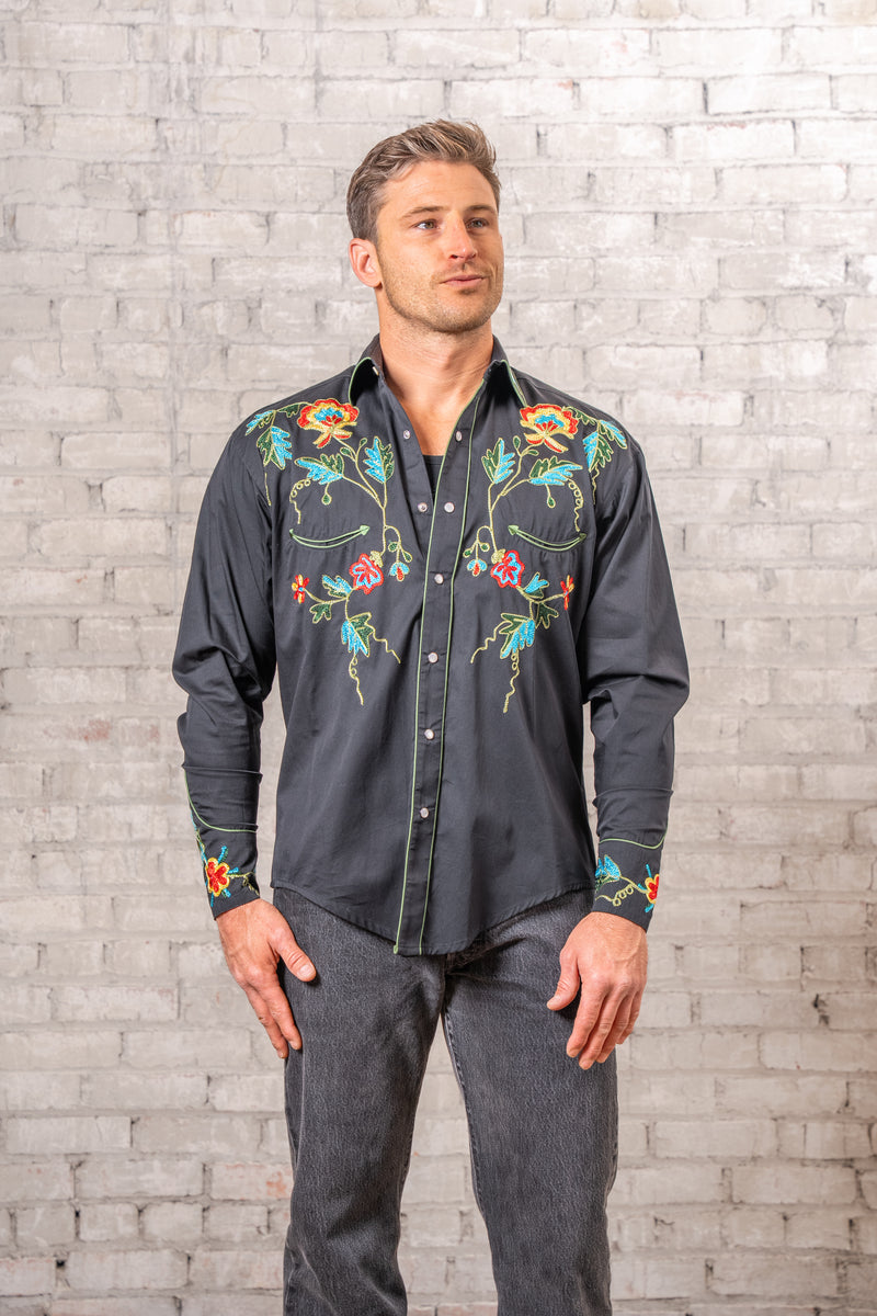 mens floral dress shirts Men's Embroidered Cotton Gabardine Black Western Shirt Color:Diamond White Solid collection: BESTSELLING DRESSES resistant fabric for easy Amari Silk-Velvet Midi Dress