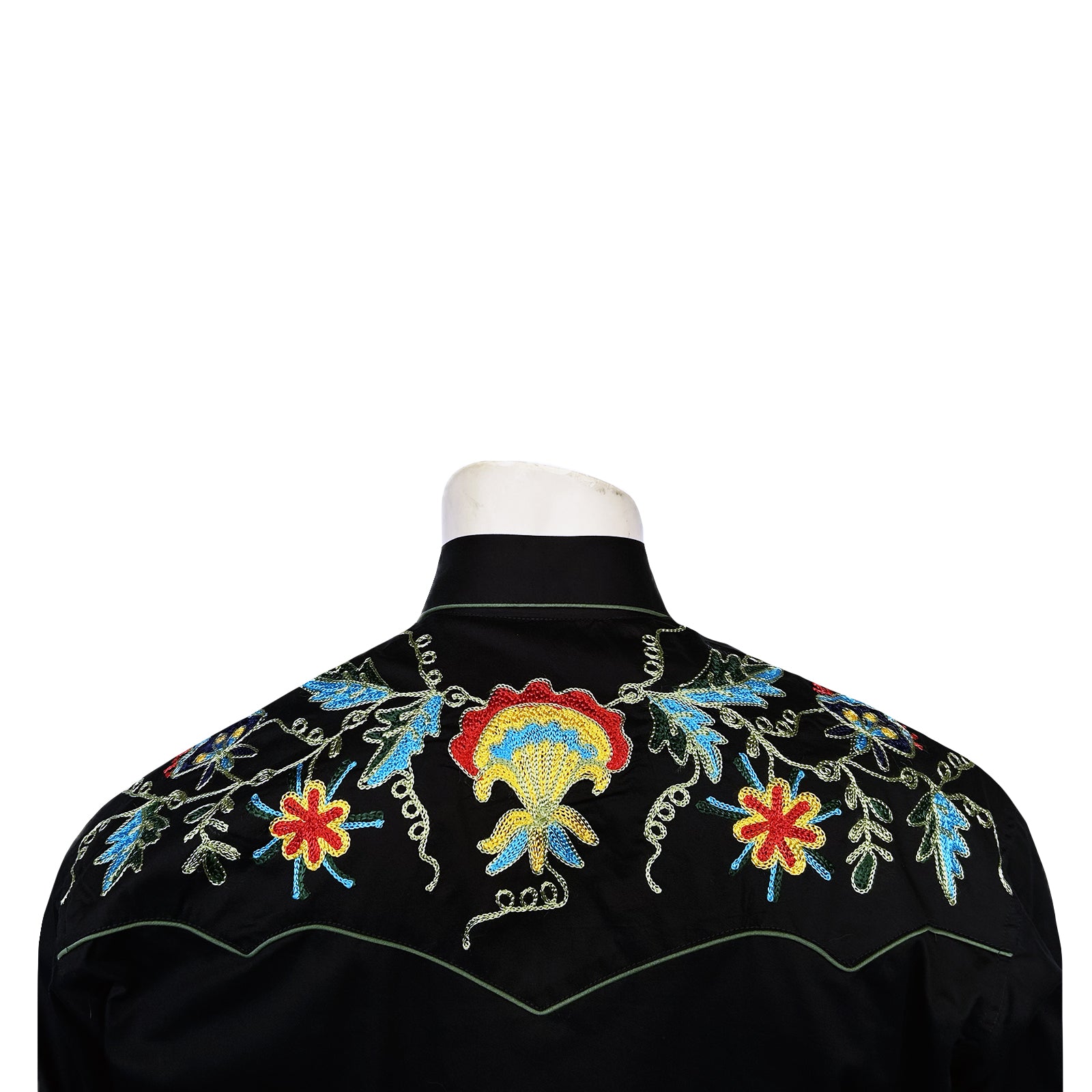 Men's Floral Embroidered Cotton Gabardine Black Western Shirt