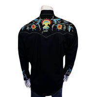 Men's Floral Embroidered Cotton Gabardine Black Western Shirt